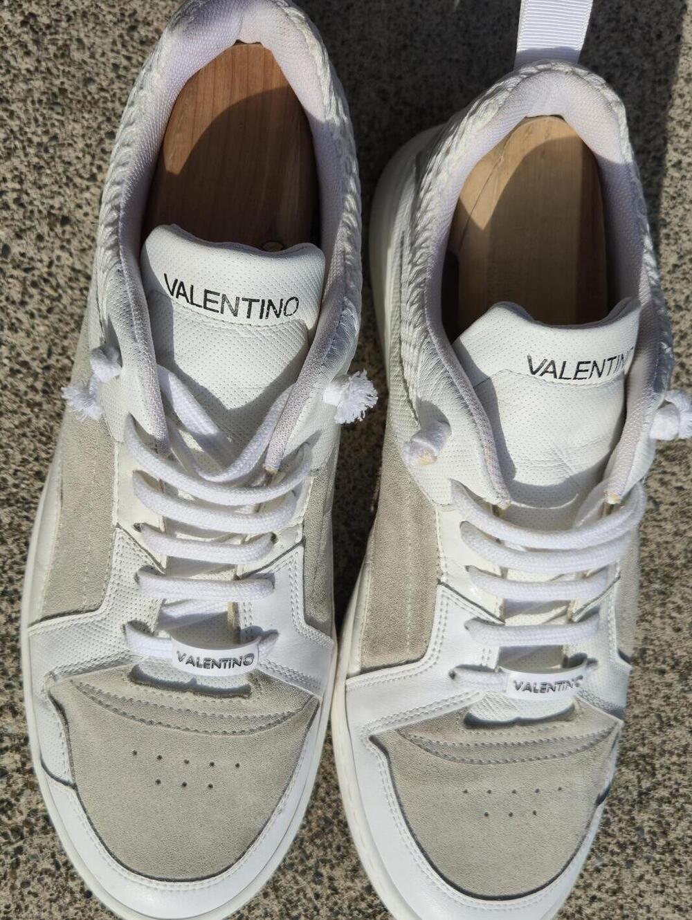 Valentino Garavani White Leather Beige Suede Low Top Sneakers Men's Size 10.5